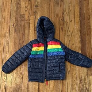 Primary Navy Puffer Jacket with Colorful Stripes